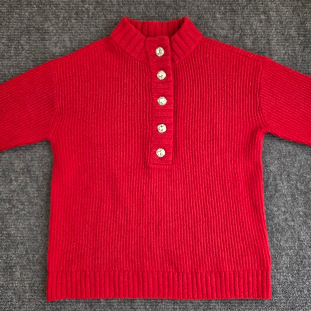 Talbots Wool Cotton Blend Red Ribbed Mock Neck Rhinestone Button Sweater Medium - Picture 2 of 6